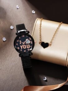 Dây Đeo Lưới Hình Trái Tim Đá Trang Trí Đồng Hồ Thạch Anh Nữ Và Trang Sức 2 Cái/bộ - màu đen - Xem 1