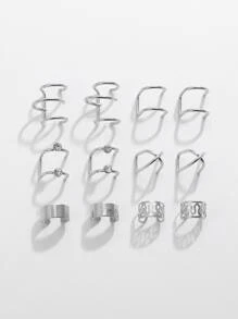 12pcs/set Personalized Clip-on Earrings Set, No Piercing Needed, Simple Studs - Silver - View 4