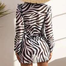 Kimono con patrón de rayas de cebra de malla - Blanco y Negro - Ver 2
