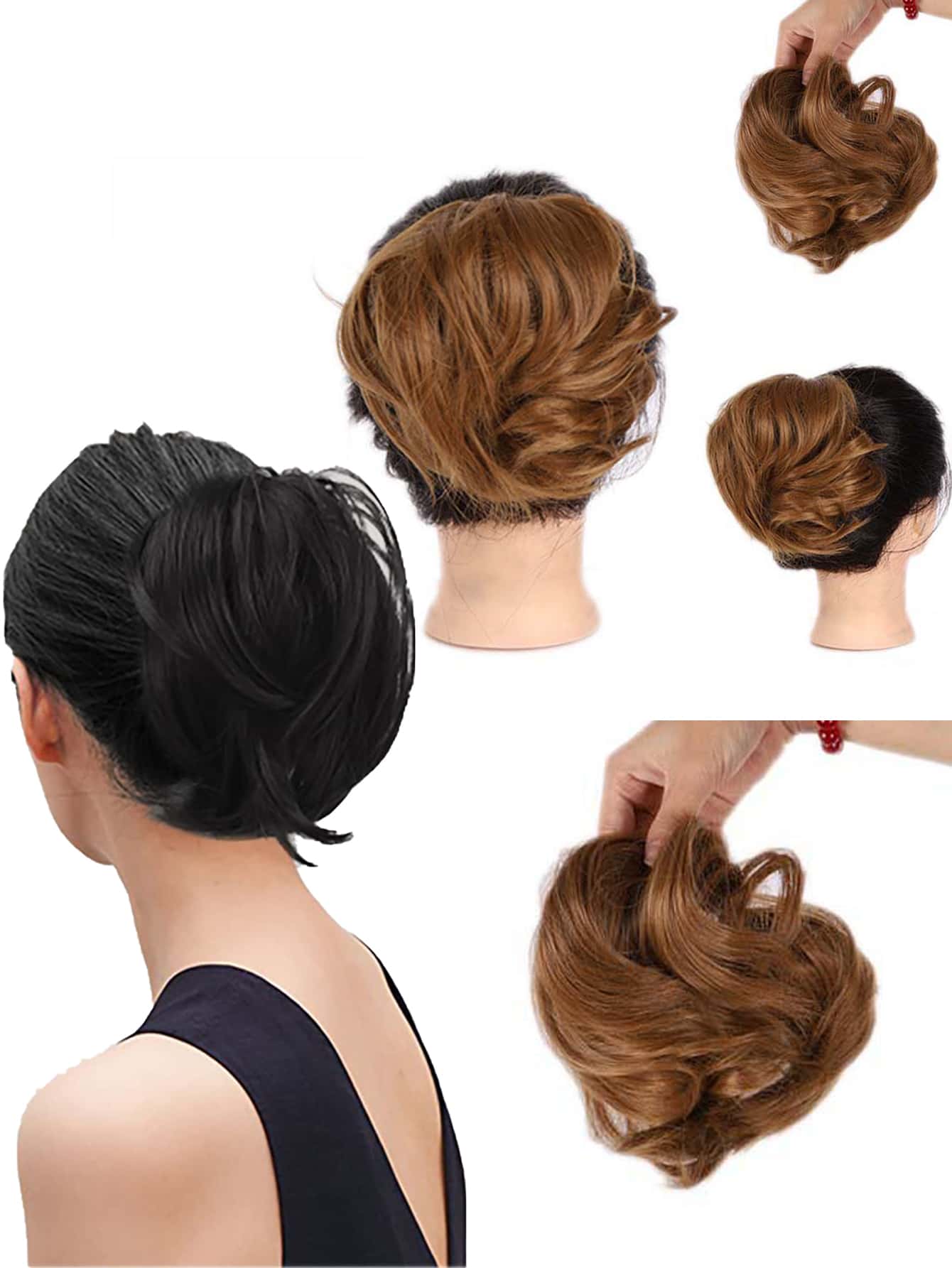 髮髻馬尾辮延長辮,直筒合成纖維假髮片充分短馬尾小圓麵包髮飾彈性簡單的大腸髮圈適合女士 - 銅色 - 查看 1