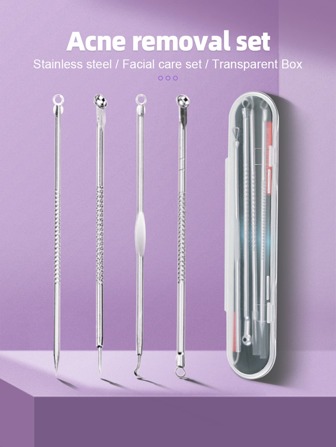 4入組套去黑頭和粉刺針工具套裝，銀色，帶祛斑器和鑷子，適用於臉部皮膚護理