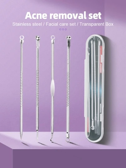 4入組套去黑頭和粉刺針工具套裝，銀色，帶祛斑器和鑷子，適用於臉部皮膚護理