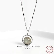 OMID Prata Esterlina 925 Ciclo Em Forma Moonstone Colar , Elegante & Estilo Simples Pedra Preciosa Bloqueio Gola Pingente Para Mulheres Acessório Presente