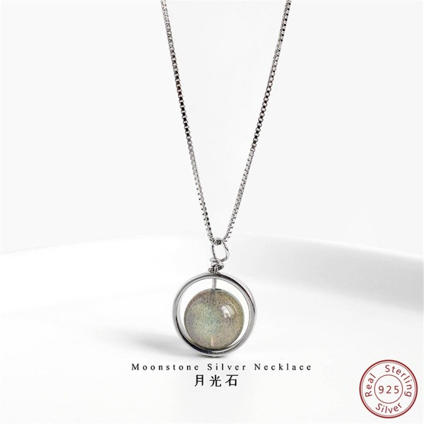 Collar de piedra lunar en forma de círculo de plata de ley 925, colgante de Collar de bloqueo de piedras preciosas de estilo elegante y simple para regalo accesorio de mujer