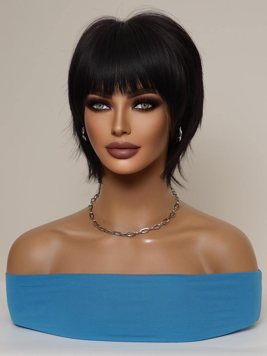 Sucré Et Mignon Court Cheveux Frange Elfe Tondu Naturel Noir Chimique Fibre Résistant À La Chaleur Perruques Femme Usage Quotidien Mode Perruques Naturel Cheveux