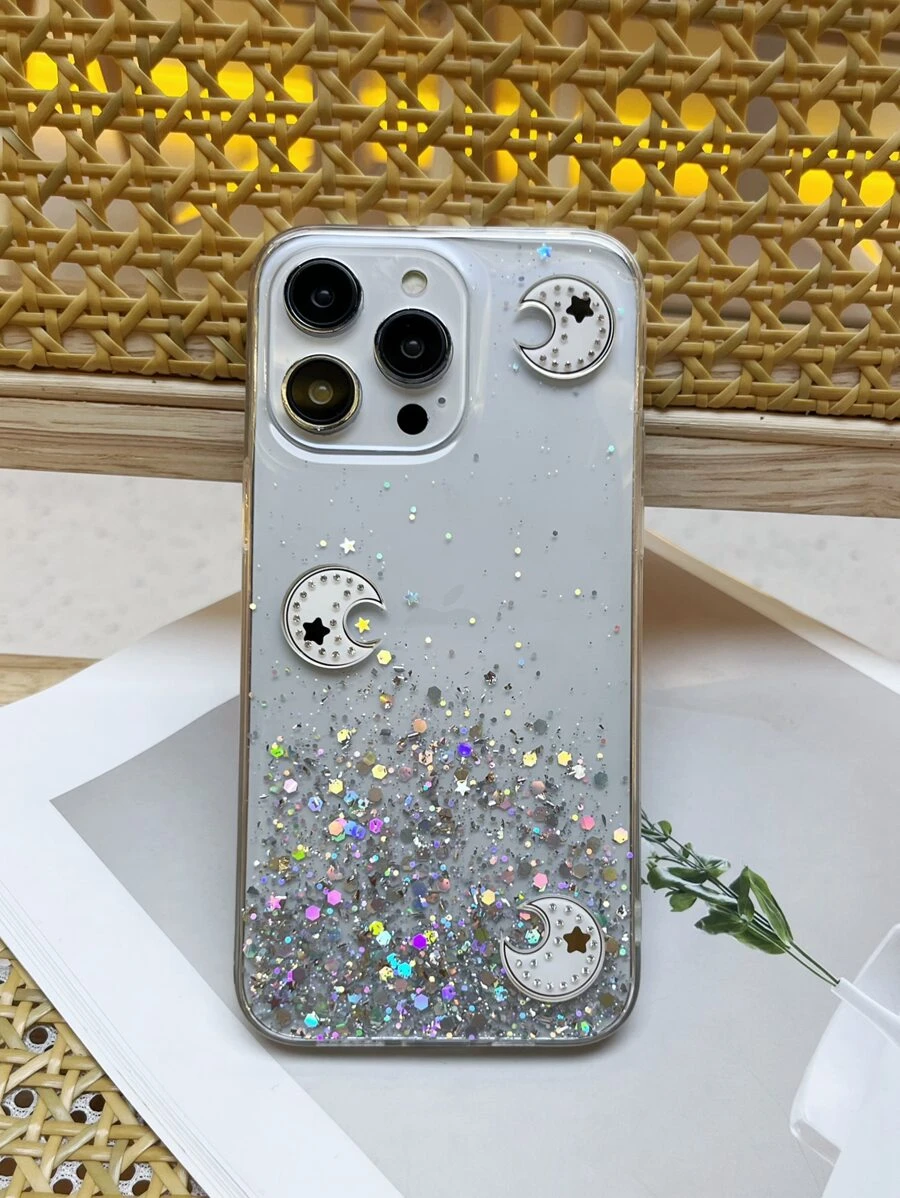 月亮亮片装饰手机壳，国际版，非国内版 - 白色 - 查看 1