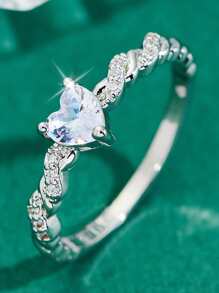 1枚简约时尚个性化百搭心形立方氧化锆女士戒指，适合情人节、母亲节、生日礼物 - 銀色 - 查看 1