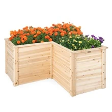 Costway 24'' L-Shaped Deep Root Planter Box Wooden Raised Garden Bed with Open-Ended Base - Beige - View 1