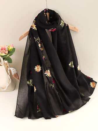 1入組素色刺繡圍巾披肩適合女士,適用於日常穿著和晚上派對