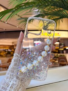 Glitter Clear Phone Case With Faux Pearl Hand Strap - White - View 1