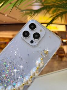 Glitter Clear Phone Case With Faux Pearl Hand Strap - White - View 4