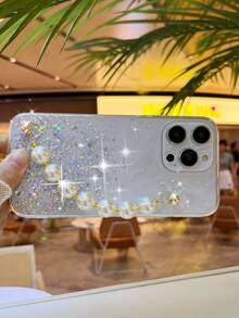 Glitter Clear Phone Case With Faux Pearl Hand Strap - White - View 6
