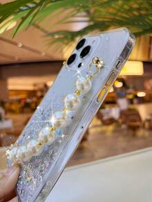 Glitter Clear Phone Case With Faux Pearl Hand Strap - White - View 5