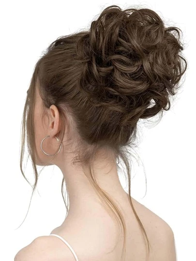 6 "Messy Bun Bun Hair Curls Synthetic Wavy Bun Ponytail Hair Extensions Thick Updo Bun Women Girls, Pale Grayish Brown And Bleached Blonde