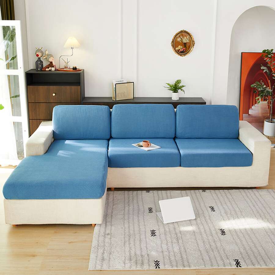 1pc Solid Color Simple Design Corn Kernels Plush Elastic Sofa Seat Cover For All Seasons - Blue - View 1