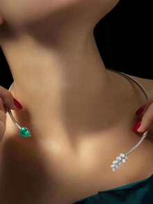 1pc Rhinestone Embellished Leaf Shaped Open Choker Necklace - Silver - View 1