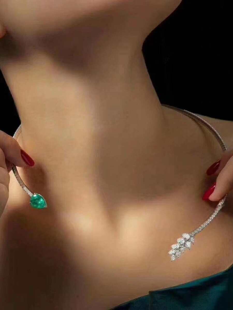 1pc Rhinestone Embellished Leaf Shaped Open Choker Necklace - Silver - View 1