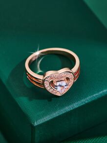 1枚简约时尚个性化百搭心形立方氧化锆心形女士戒指，适合情人节、母亲节礼物 - 玫瑰金 - 查看 4