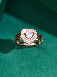 1枚简约时尚个性化百搭心形立方氧化锆心形女士戒指，适合情人节、母亲节礼物 - 玫瑰金 - 查看 3