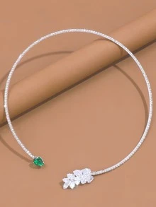 1pc Rhinestone Embellished Leaf Shaped Open Choker Necklace - Silver - View 3