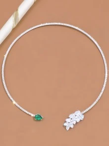 1pc Rhinestone Embellished Leaf Shaped Open Choker Necklace - Silver - View 2