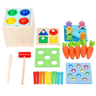 Kit De Juego De Madera 5 En 1 Juguete Montessori - Caja De Permanencia De Objetos, Caja De Monedas, Cosecha De Zanahorias, Gusano De Captura, Clasificador De Formas - Juguete De Aprendizaje Para Niños De 1, 2, 3 Años, Regalo Para Bebés De 6 A 12 Meses