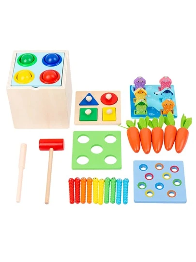 5-In-1 Wooden Play Kit Montessori Toy - Object Permanence Box, Coin Box, Carrot Harvest, Catch Worm, Shape Sorter - Toddler Learning Toy For Kid Age 1, 2, 3 Year Old, Girl Boy Gift For Baby 6-12 Month