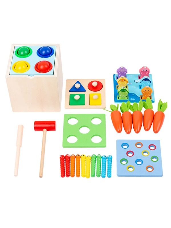 5-In-1 Wooden Play Kit Montessori Toy - Object Permanence Box, Coin Box, Carrot Harvest, Catch Worm, Shape Sorter - Toddler Learning Toy For Kid Age 1, 2, 3 Year Old, Girl Boy Gift For Baby 6-12 Month