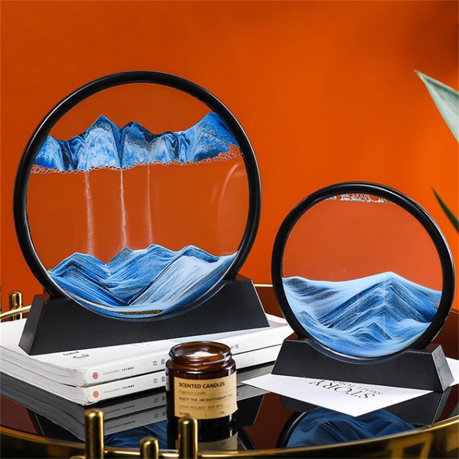 casa sala de estar redondo de vidrio artesanía Adorno , escritorio de oficina circular arena arte 3d reloj de arena Decoración con moviente arena - Azul - Ver 1