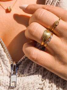 Uworld 1 Miếng Cổ điển Đơn giản Vintage mặt trời Hình vuông Rộng Thép không gỉ Nhẫn NỮ Xếp chồng Đồ trang trí - Vàng - Xem 8