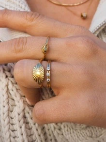 Uworld 1 Miếng Cổ điển Đơn giản Vintage mặt trời Hình vuông Rộng Thép không gỉ Nhẫn NỮ Xếp chồng Đồ trang trí - Vàng - Xem 1