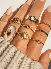 Uworld 1 Miếng Cổ điển Đơn giản Vintage mặt trời Hình vuông Rộng Thép không gỉ Nhẫn NỮ Xếp chồng Đồ trang trí - Vàng - Xem 10