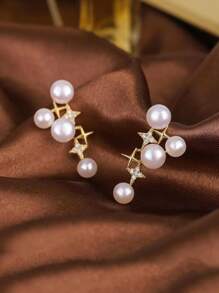 1pair En Inlaid Faux Pearl Clip Earrings For Women's Sweet And Elegant Style - Gold - View 2