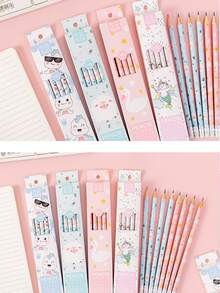 隨機可愛卡通有圖案鉛筆帶內置橡皮擦(1盒) - 粉色 - 查看 6