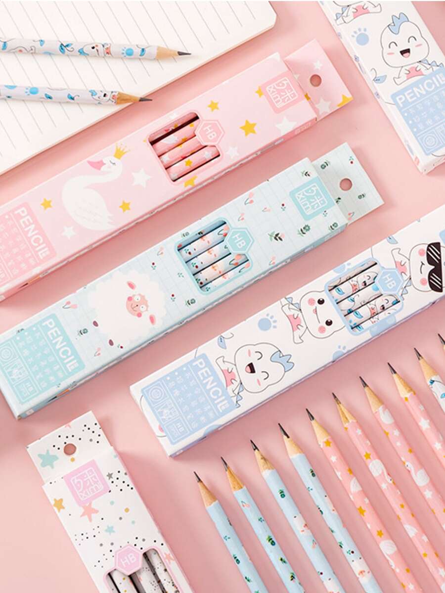 隨機可愛卡通有圖案鉛筆帶內置橡皮擦(1盒) - 粉色 - 查看 1