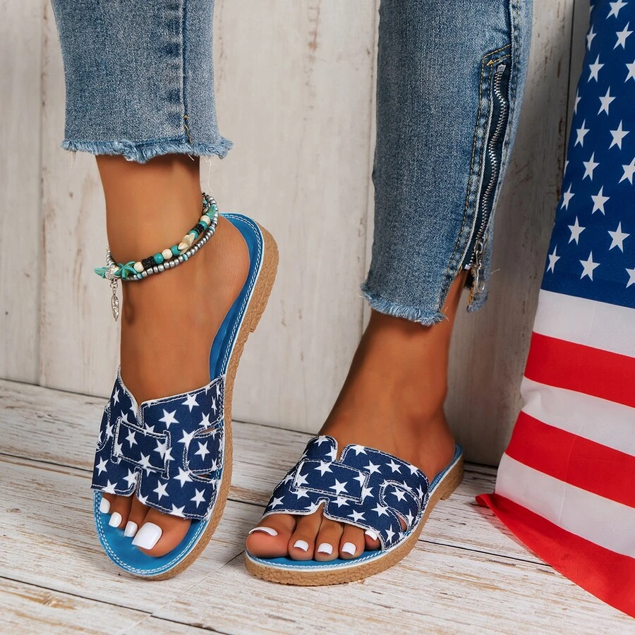 Mujer con patrón de estrella Sandalias , de moda mezclilla Sandalias planas para verano - Azul - Ver 1