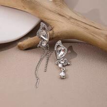 1 đôi Bất đối xứng Loại bướm Bông tai stud Với Tua Và Đồ trang trí Rhinestone - Bạc - Xem 2