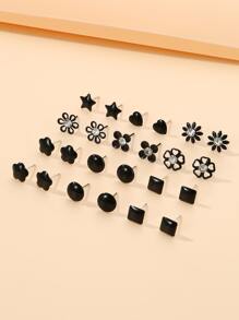 12pairs Black Floral, Heart & Geometric Stud & Hoop Earrings Set For Women Valentines,Mom,Mother,Mother's Day,Gift - Black - View 4