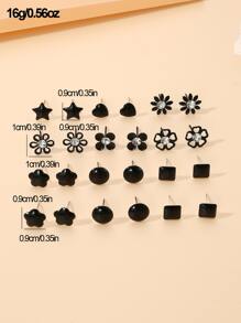 12pairs Black Floral, Heart & Geometric Stud & Hoop Earrings Set For Women Valentines,Mom,Mother,Mother's Day,Gift - Black - View 7