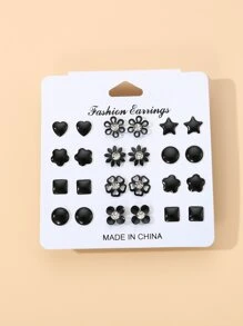 12pairs Black Floral, Heart & Geometric Stud & Hoop Earrings Set For Women Valentines,Mom,Mother,Mother's Day,Gift - Black - View 2