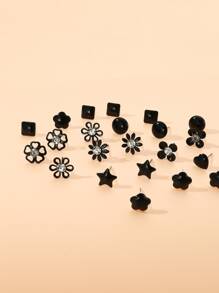 12pairs Black Floral, Heart & Geometric Stud & Hoop Earrings Set For Women Valentines,Mom,Mother,Mother's Day,Gift - Black - View 6