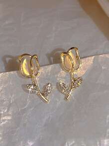 Set de 2 pares de pendientes de botón con forma de flor de tulipán sencillos y elegantes, adecuados para vacaciones, fiestas, citas, regalos y uso diario en San Valentín - Amarillo Oro - Ver 3