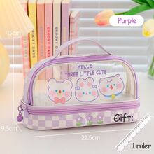 1pc Large Capacity Cute Light Purple Pencil Case Transparent Pen Bag Portable Hand-held Stationery Case For Student - Mauve Purple - View 1
