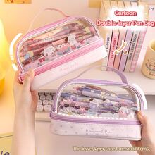 1pc Large Capacity Cute Light Purple Pencil Case Transparent Pen Bag Portable Hand-held Stationery Case For Student - Mauve Purple - View 6