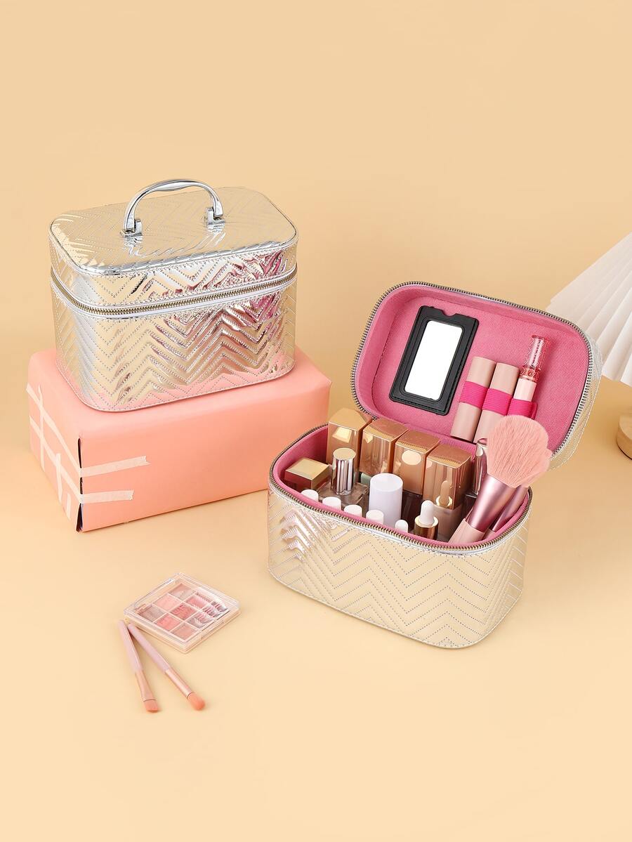 negro Estuche de maquillaje , con diseño de onda portátil medio Estuche de maquillaje para mujeres - Plateado - Ver 1