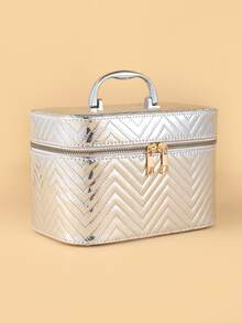 negro Estuche de maquillaje , con diseño de onda portátil medio Estuche de maquillaje para mujeres - Plateado - Ver 5