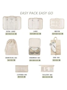 8入組旅行行李打包整理器套裝，配有化妝品袋，衣物分類收納袋，旅行必備配件，衣物收納，旅行整理袋套裝，旅行收納袋套裝，學校用品，海灘暑假旅遊必備 - 米色 - 查看 4