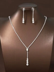 3pcs/Set Women's Bridal Necklace & Earrings Set, Wedding/Party Jewelry Accessory Combination Halloween - Silver - View 2