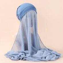 1入組女士素色休閒堆堆帽帶圍巾適用於日常生活 - 水鴨藍 - 查看 1