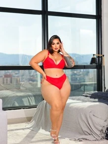 Plus Size Bra & Panty Sets - 紅色 - 查看 4